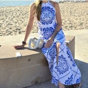 1.state revolve linen blue, white Portuguese tile print open back maxi dress Med